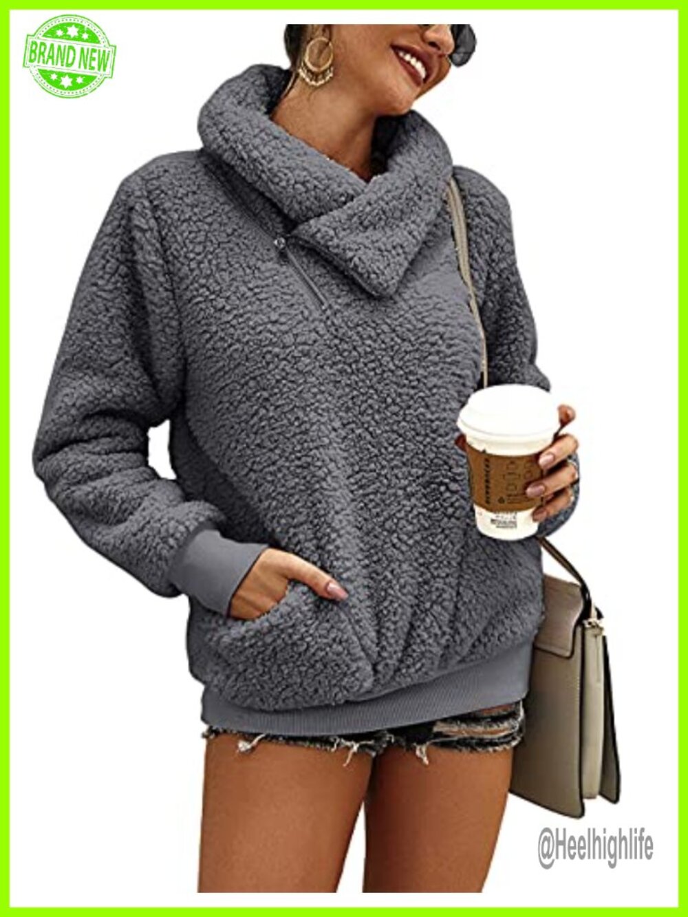 Sherpa Pullover Womens Fleece Zip Sweatshirt Turtleneck